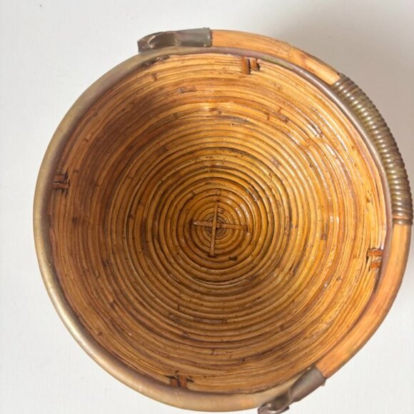 Large Vintage 1970's Italian Brass Rimmed Pencil Bamboo Basket With Handle - Picture 3 of 8